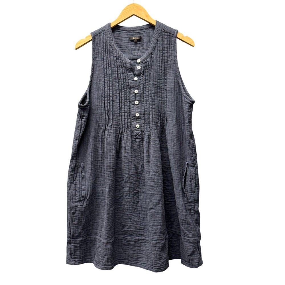 Quince Dress Womens L Organic Cotton Gauze Sleeveless Swing Dress Indigo Blue
